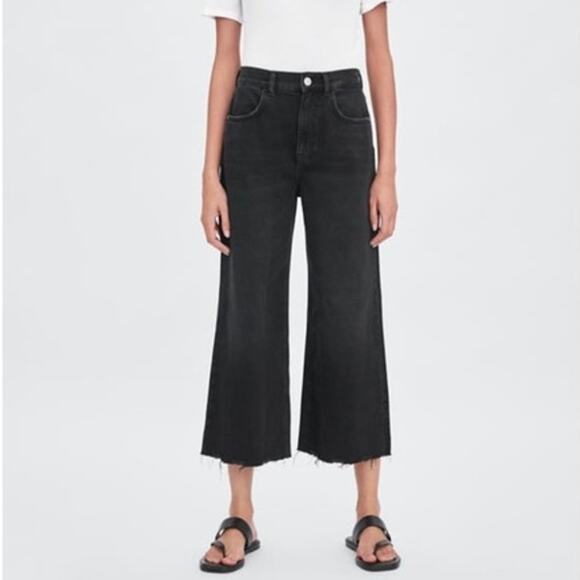 Zara Hi Rise Cropped Culotte Jean Unfinished Raw Hem Wide Leg Denim Washed Black - Picture 10 of 11